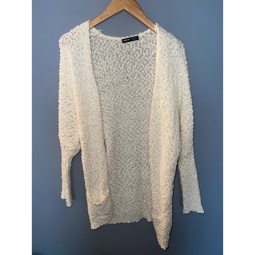 SHEIN Cream Popcorn Knit Oversized Open Front Cardigan Sweater Large Pockets